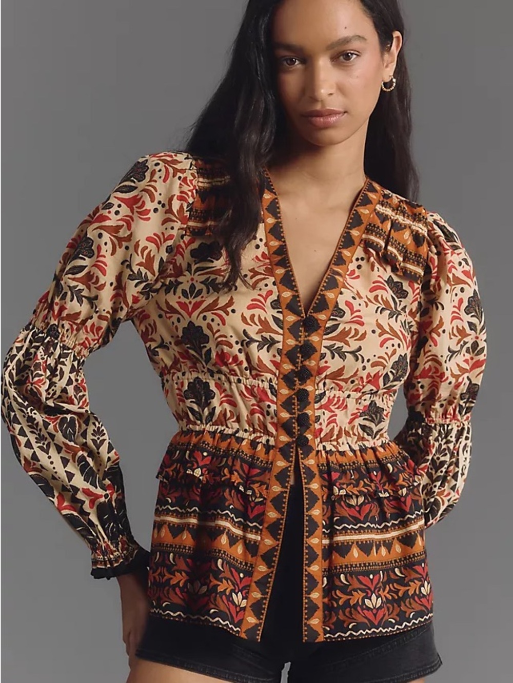 Farm Rio Long-Sleeve V-Neck Printed Blouse